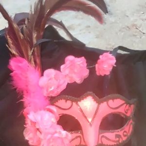 Feathered pink rose Masquerade mask Halloween costume party